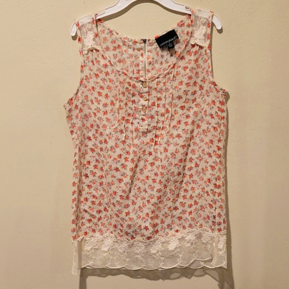 Cynthia Rowley Cream Floral Sleeveless Lace Trim Top